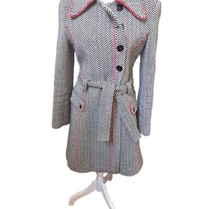 Herringbone Trench Coat with Red Accents